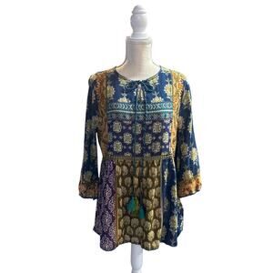 Soft Surroundings Boho Hippie Tassel Gold Patchwork Peasant Tunic Sz M